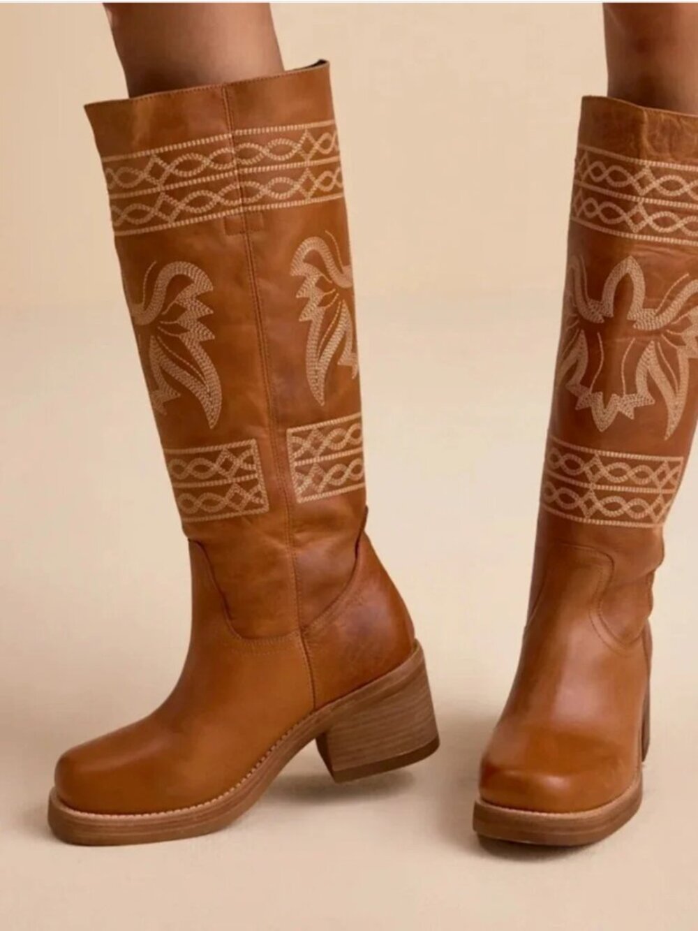 Free People NEW Dingo Embroidery Vintage Inspired Leather Knee-high Boots size 7